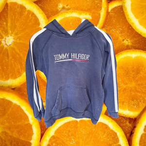 Tommy Hilfiger Embroidered‎ Blue Hoodie with White Stripes Down Sleeves